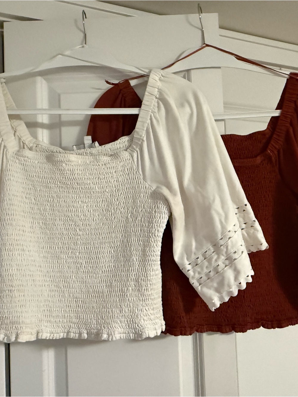 Women’s White Smocked Peasant Top with Lace Sleeve Detail